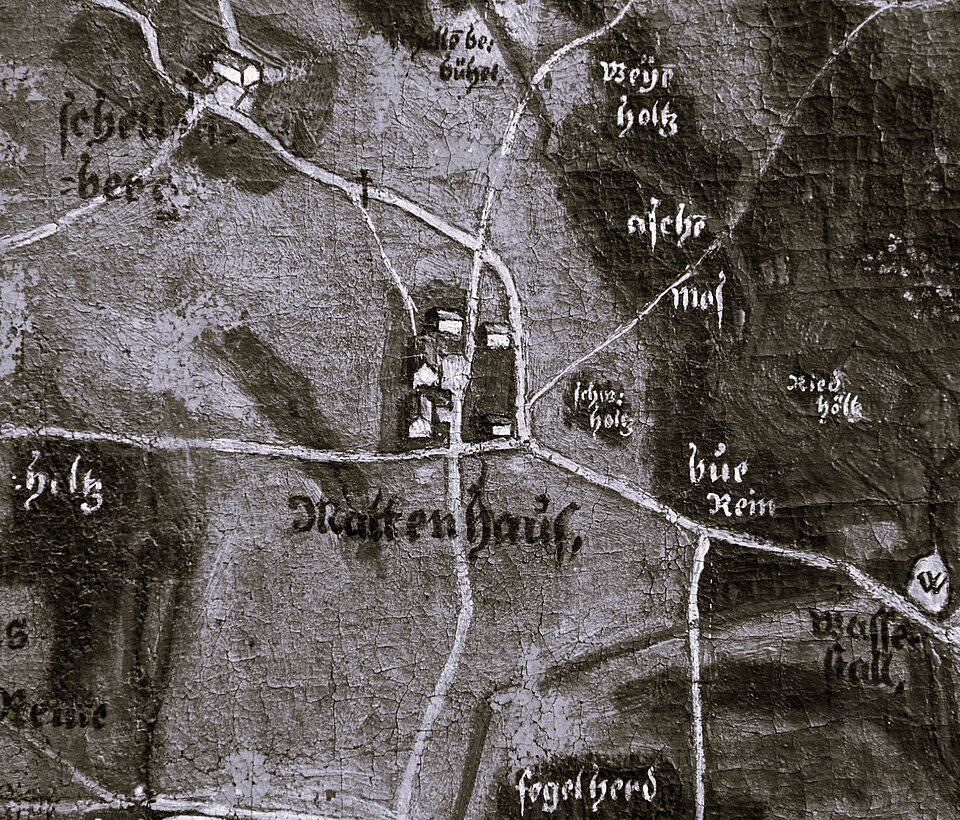 Historisches Gasthaus in Schwarzweiß Historische Schwarzweiß-Aufnahme eines Gasthauses mit Fachwerk