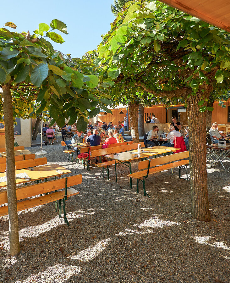 Sonniger Biergarten im Hotel-Landgasthof KREUZ Weitläufiger Biergarten mit sonnigen Sitzplätzen und Schaukeln im Hotel-Landgasthof KREUZ Bad Waldsee