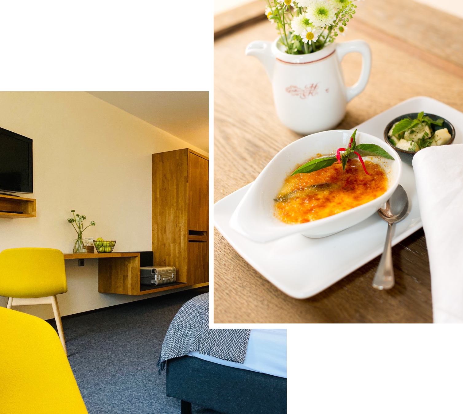 Einblicke in den Hotel-Landgasthof KREUZ Bad Waldsee Collage aus Hotelzimmer, Frühstück und schwäbischem Gericht im Hotel-Landgasthof KREUZ